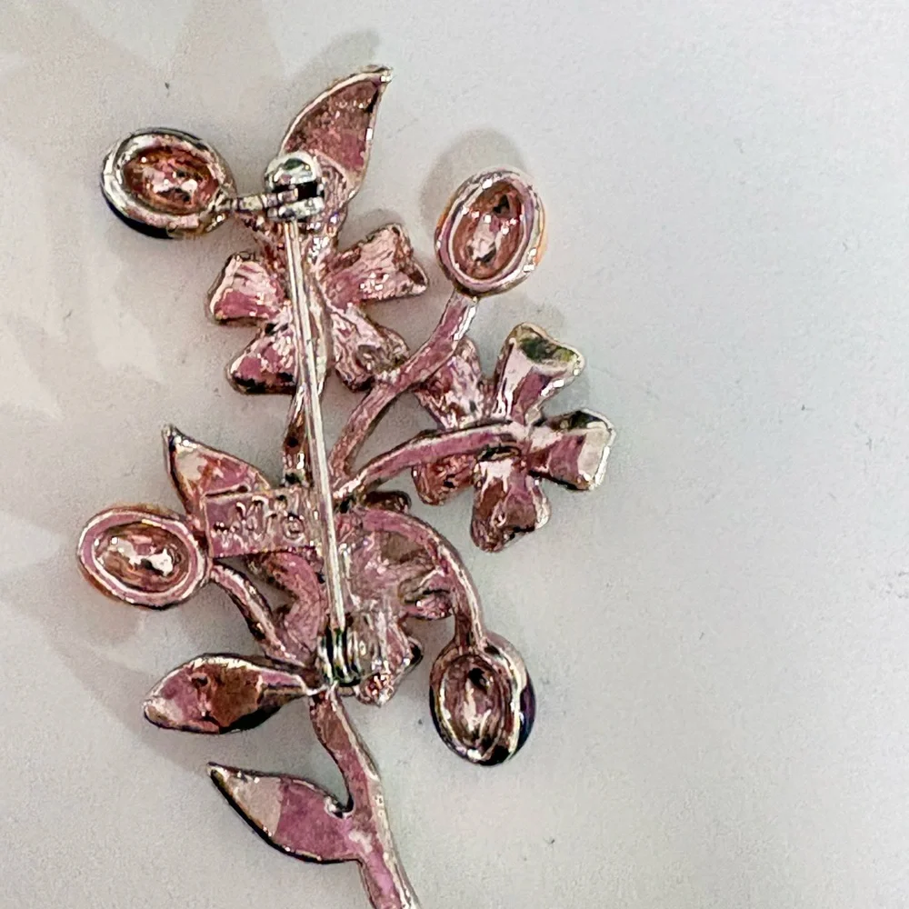 Vintage signed Floral Enamel Brooch with Purple and Green Accents